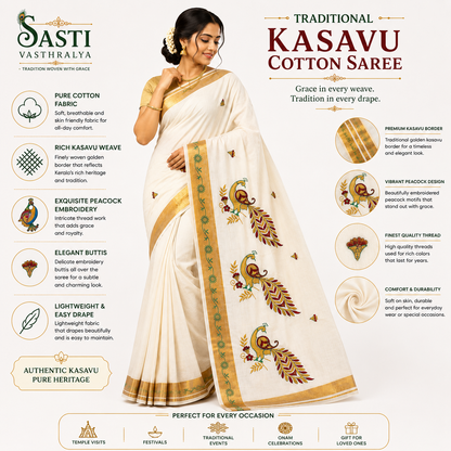 Traditional Kerala Kasavu Saree with  Peacock
