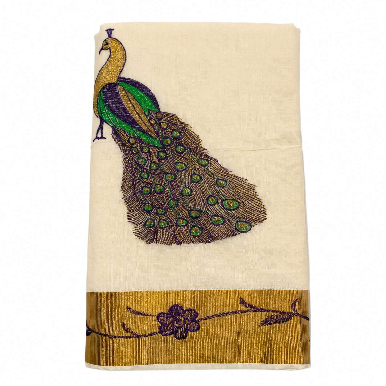Traditional Kerala Kasavu Saree with Peacock