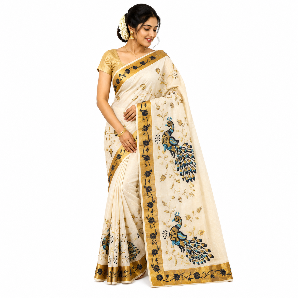 Traditional Kerala Kasavu Saree with Peacock design