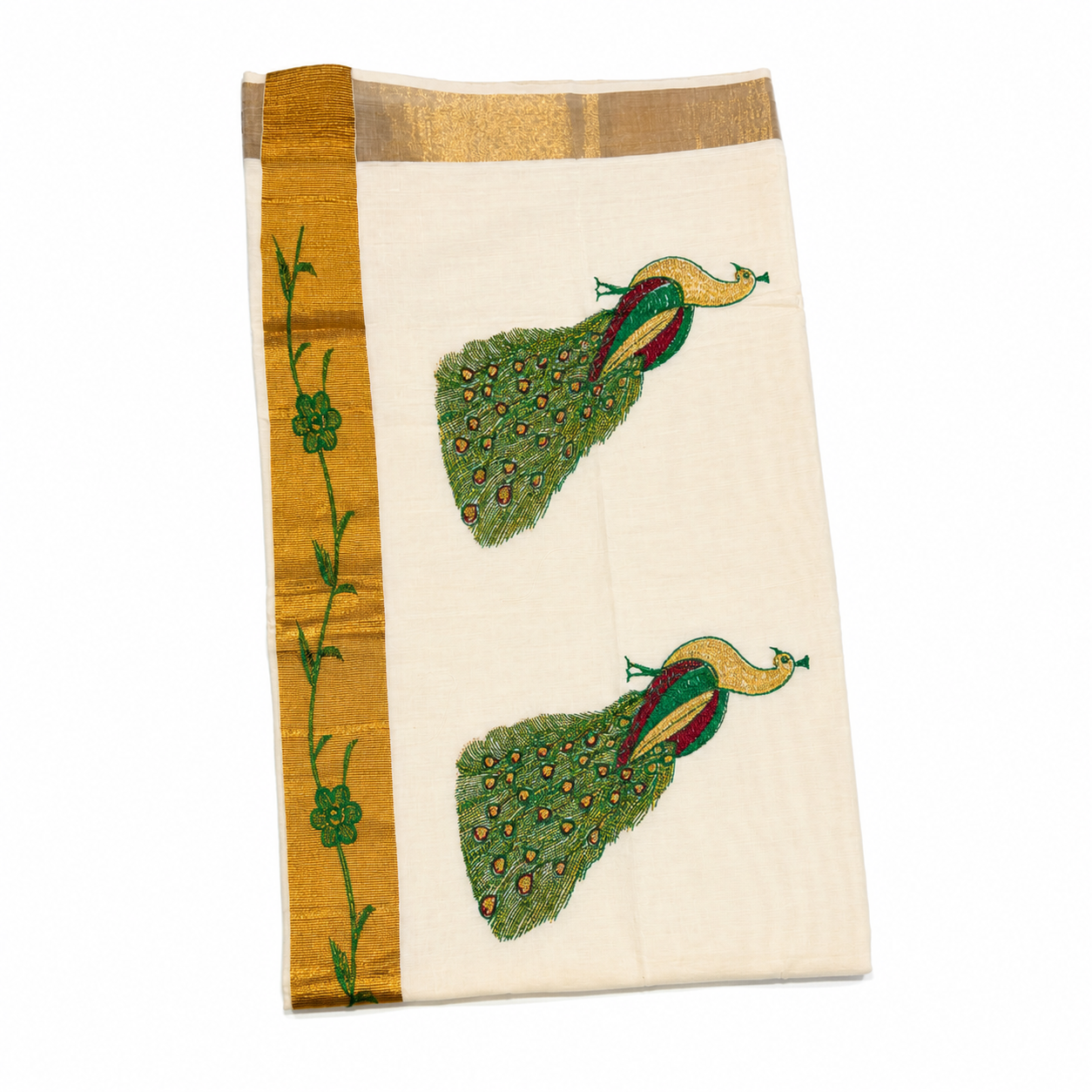 Traditional Kerala Kasavu Saree with  Green Peacock