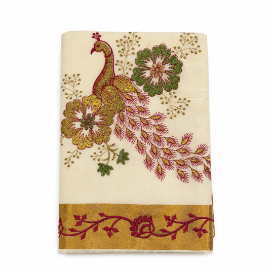Traditional Kerala Kasavu Saree with  Peacock