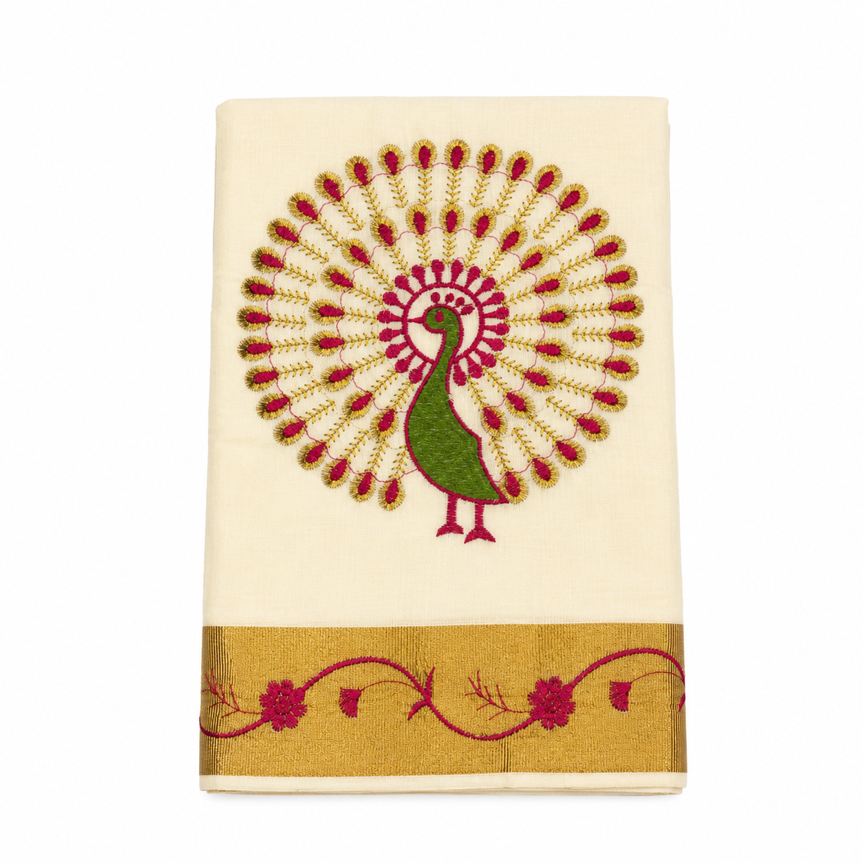 Traditional Kerala Kasavu Saree with Pink Peacock