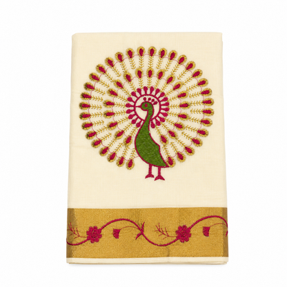Traditional Kerala Kasavu Saree with Pink Peacock