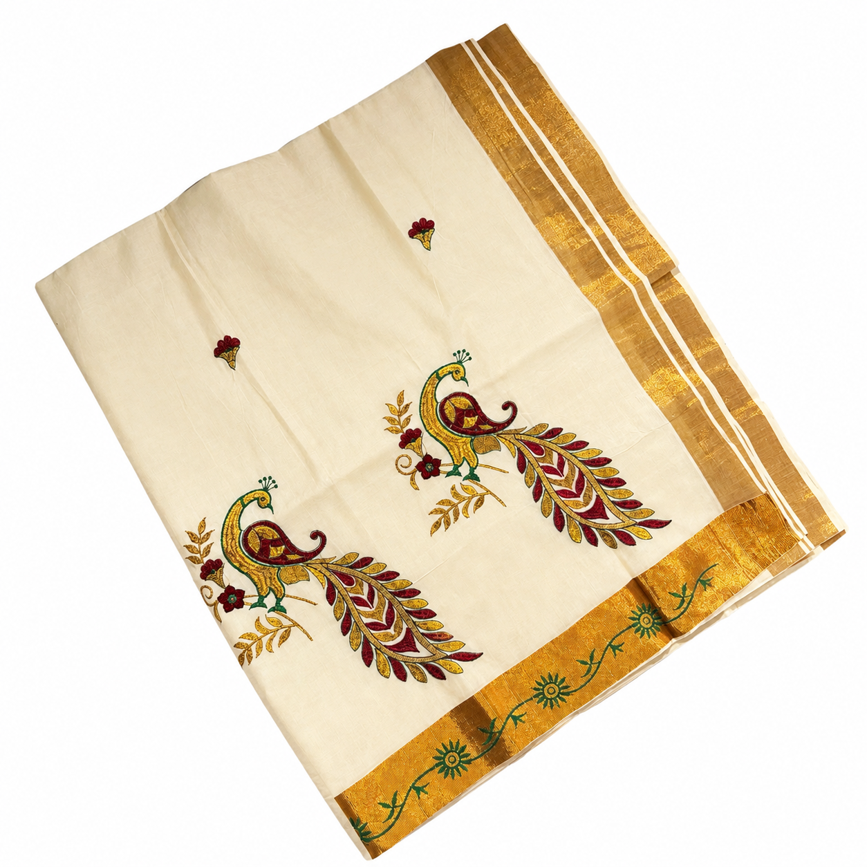 Traditional Kerala Kasavu Saree with  Peacock