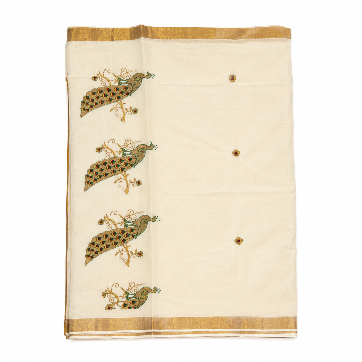 Traditional Kerala Kasavu Saree with Peacock
