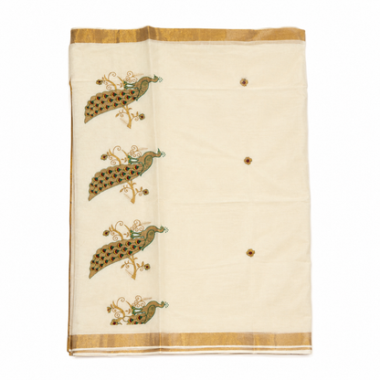 Traditional Kerala Kasavu Saree with Peacock