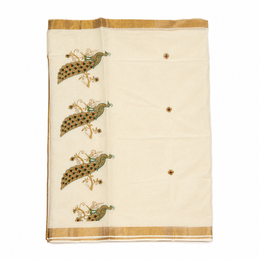 Traditional Kerala Kasavu Saree with Peacock