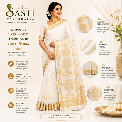 Sasti Vasthralya Premium Off-White Kerala Kasavu Saree with Rich Woven Gold Pallu Work for Onam