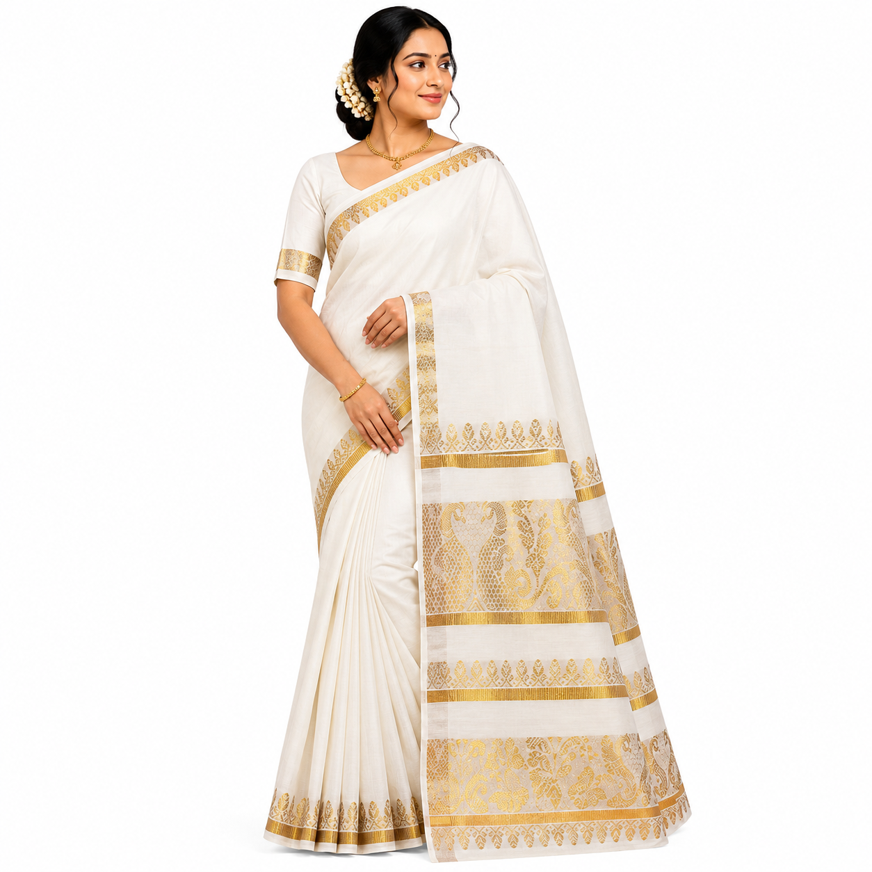 Sasti Vasthralya Traditional Cream Kerala Kasavu Saree with Royal Peacock and Temple Zari Woven Pallu for Onam
