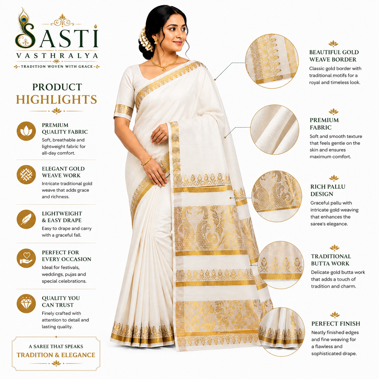 Sasti Vasthralya Traditional Cream Kerala Kasavu Saree with Royal Peacock and Temple Zari Woven Pallu for Onam