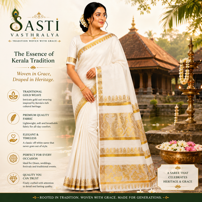 Sasti Vasthralya Traditional Cream Kerala Kasavu Saree with Royal Peacock and Temple Zari Woven Pallu for Onam