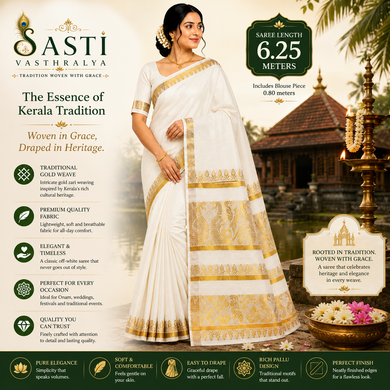 Sasti Vasthralya Traditional Cream Kerala Kasavu Saree with Royal Peacock and Temple Zari Woven Pallu for Onam