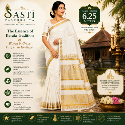 Sasti Vasthralya Traditional Cream Kerala Kasavu Saree with Royal Peacock and Temple Zari Woven Pallu for Onam