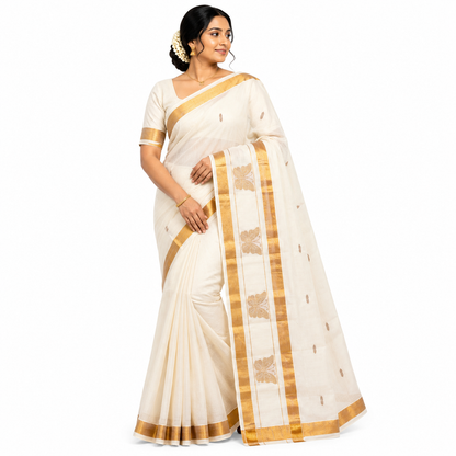 Sasti Vasthralya Off-White Kerala Kasavu Saree with Woven Golden Butterfly Motifs and Scattered Body Buttas for Onam