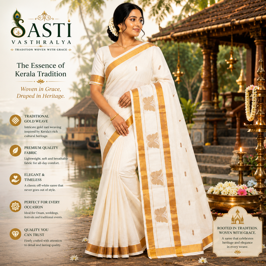 Sasti Vasthralya Off-White Kerala Kasavu Saree with Woven Golden Butterfly Motifs and Scattered Body Buttas for Onam