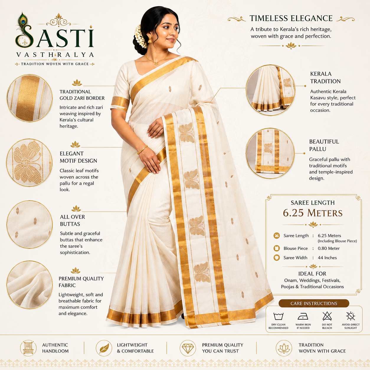 Sasti Vasthralya Off-White Kerala Kasavu Saree with Woven Golden Butterfly Motifs and Scattered Body Buttas for Onam