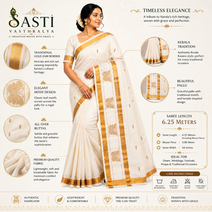 Sasti Vasthralya Off-White Kerala Kasavu Saree with Woven Golden Butterfly Motifs and Scattered Body Buttas for Onam