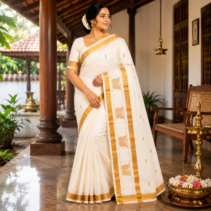 Sasti Vasthralya Off-White Kerala Kasavu Saree with Woven Golden Butterfly Motifs and Scattered Body Buttas for Onam
