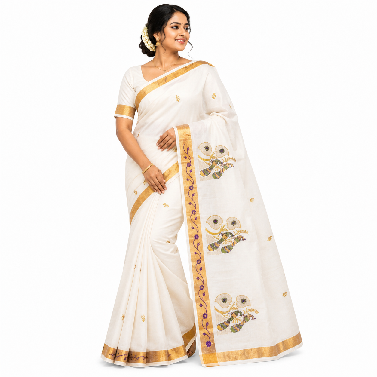 Sasti Vasthralya Off-White Kerala Kasavu Saree with Gold Green and Purple Peacock Mural Woven Pallu for Onam