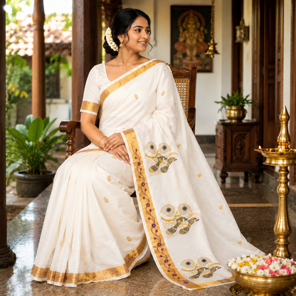 Sasti Vasthralya Off-White Kerala Kasavu Saree with Gold Green and Purple Peacock Mural Woven Pallu for Onam