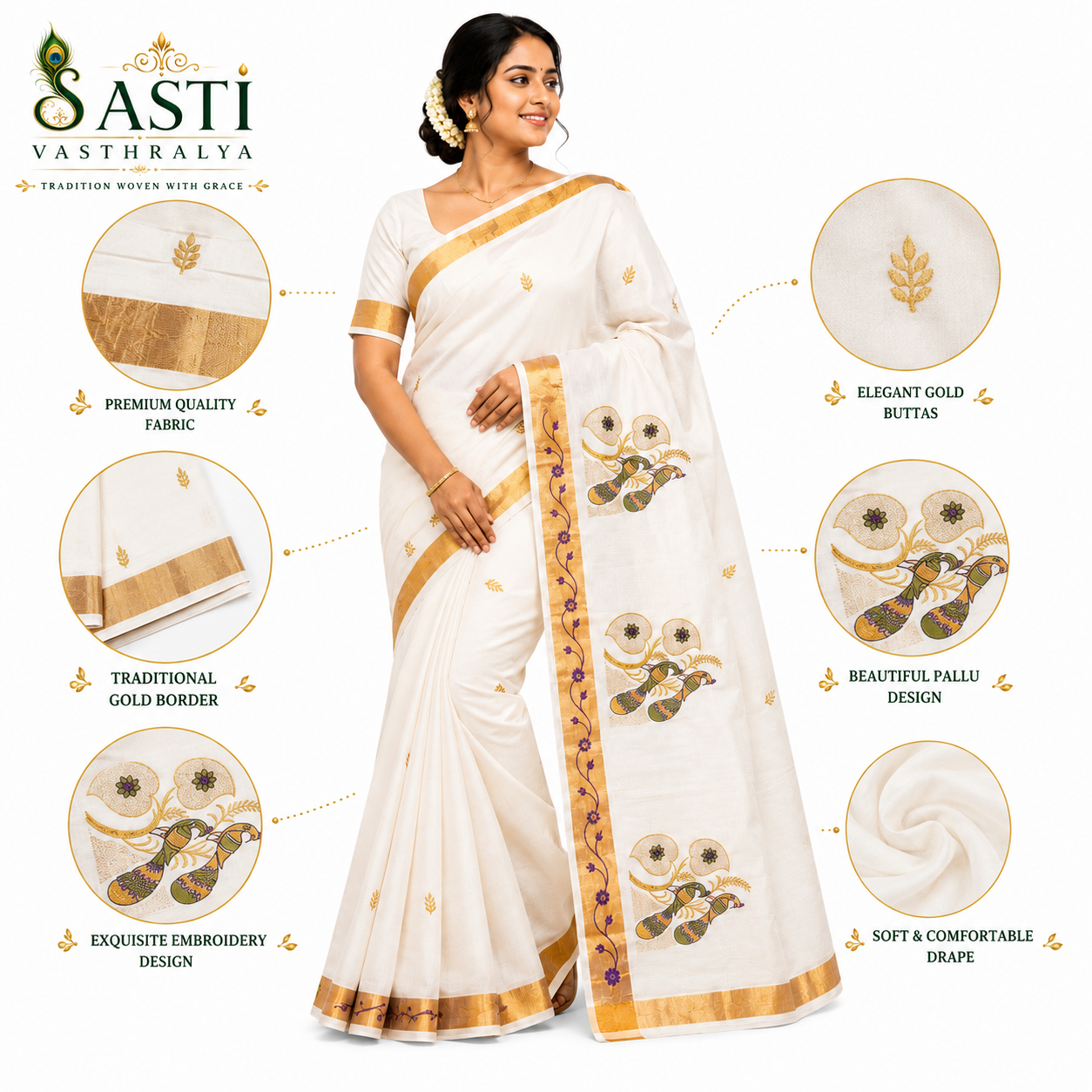 Sasti Vasthralya Off-White Kerala Kasavu Saree with Gold Green and Purple Peacock Mural Woven Pallu for Onam