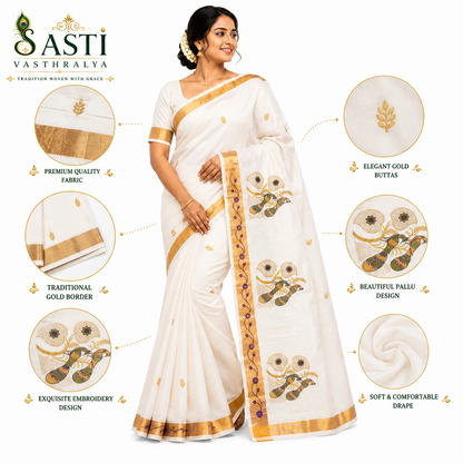 Sasti Vasthralya Off-White Kerala Kasavu Saree with Gold Green and Purple Peacock Mural Woven Pallu for Onam