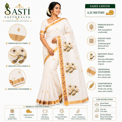 Sasti Vasthralya Off-White Kerala Kasavu Saree with Gold Green and Purple Peacock Mural Woven Pallu for Onam