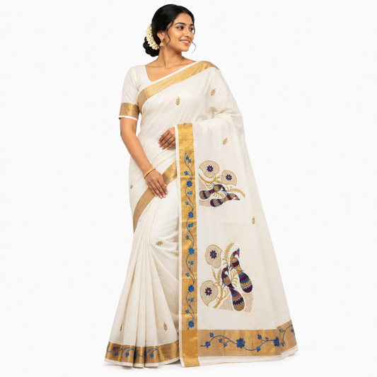 Sasti Vasthralya Off-White Kerala Kasavu Saree with Royal Blue and Maroon Peacock Mural Woven Pallu for Onam