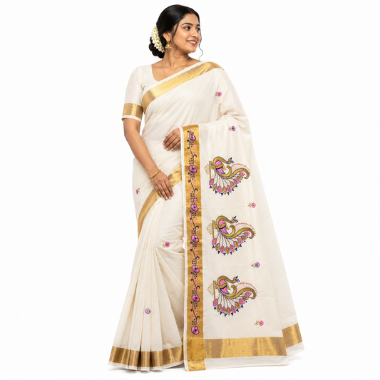 Sasti Vasthralya Off-White Kerala Kasavu Saree with Pink Magenta and Blue Peacock Mural Woven Pallu for Onam