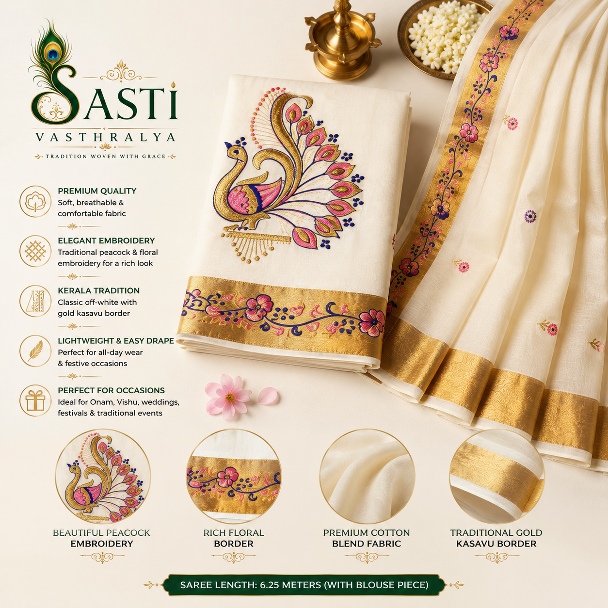 Sasti Vasthralya Off-White Kerala Kasavu Saree with Pink Magenta and Blue Peacock Mural Woven Pallu for Onam