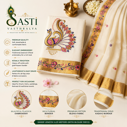 Sasti Vasthralya Off-White Kerala Kasavu Saree with Pink Magenta and Blue Peacock Mural Woven Pallu for Onam