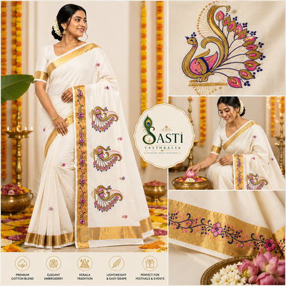 Sasti Vasthralya Off-White Kerala Kasavu Saree with Pink Magenta and Blue Peacock Mural Woven Pallu for Onam