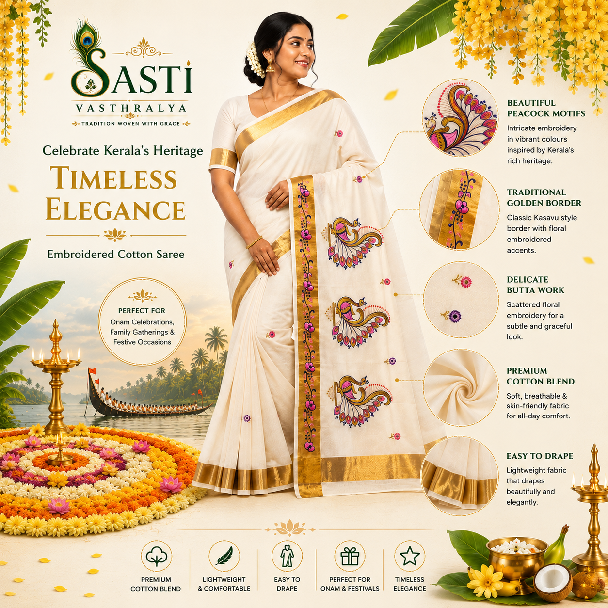 Sasti Vasthralya Off-White Kerala Kasavu Saree with Pink Magenta and Blue Peacock Mural Woven Pallu for Onam
