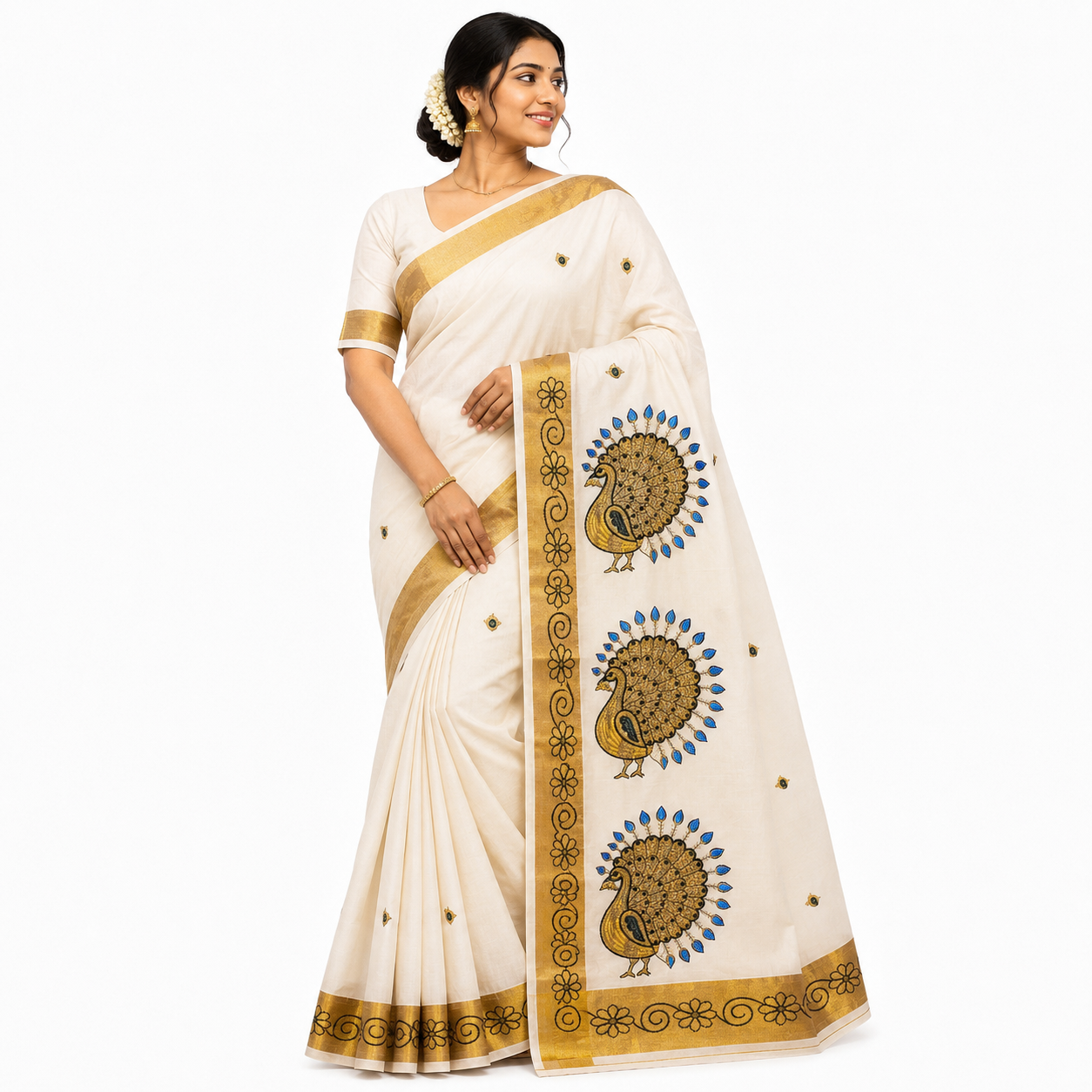 Sasti Vasthralya Off-White Kerala Kasavu Saree with Royal Blue and Gold Full Feathered Peacock Plume Woven Pallu for Onam