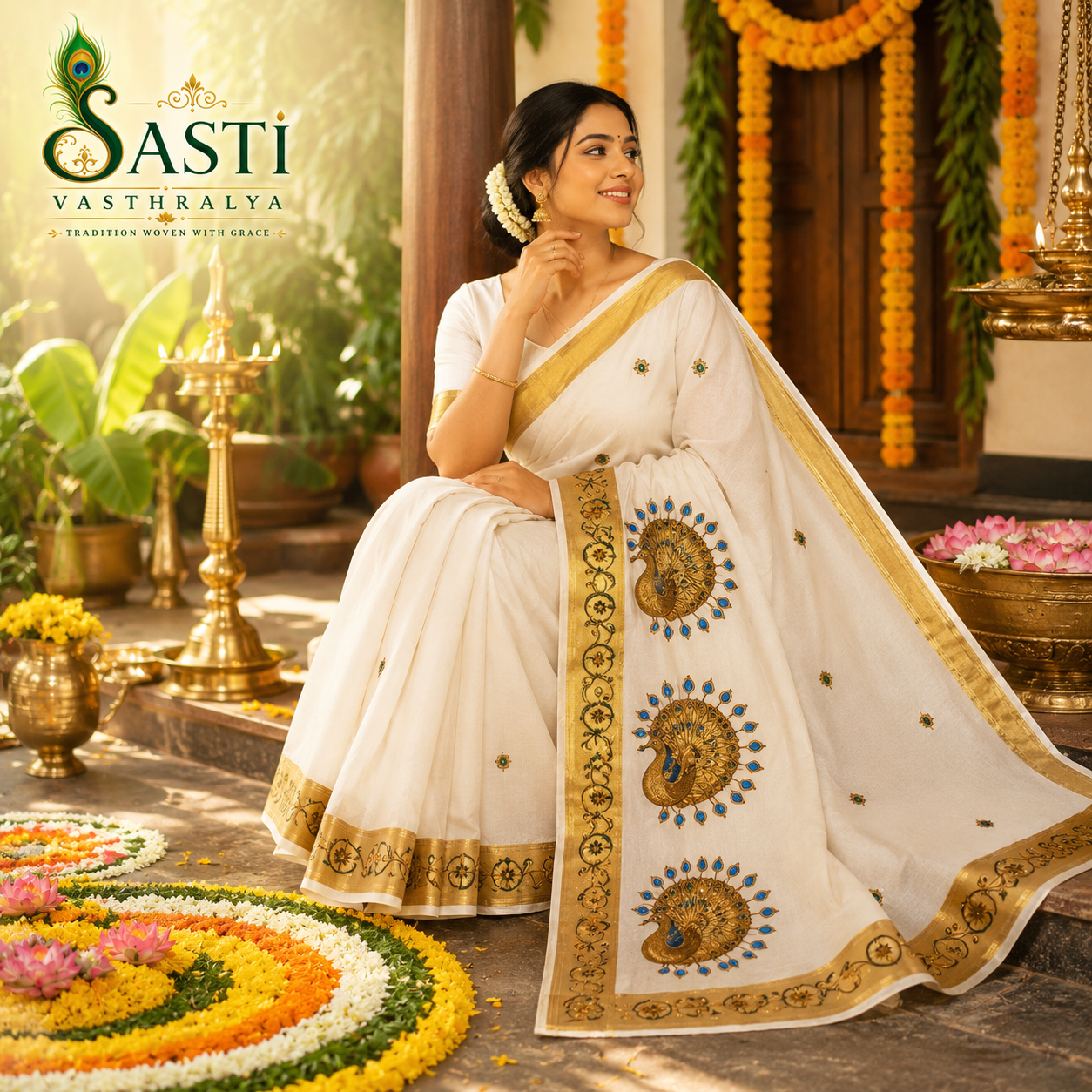 Sasti Vasthralya Off-White Kerala Kasavu Saree with Royal Blue and Gold Full Feathered Peacock Plume Woven Pallu for Onam