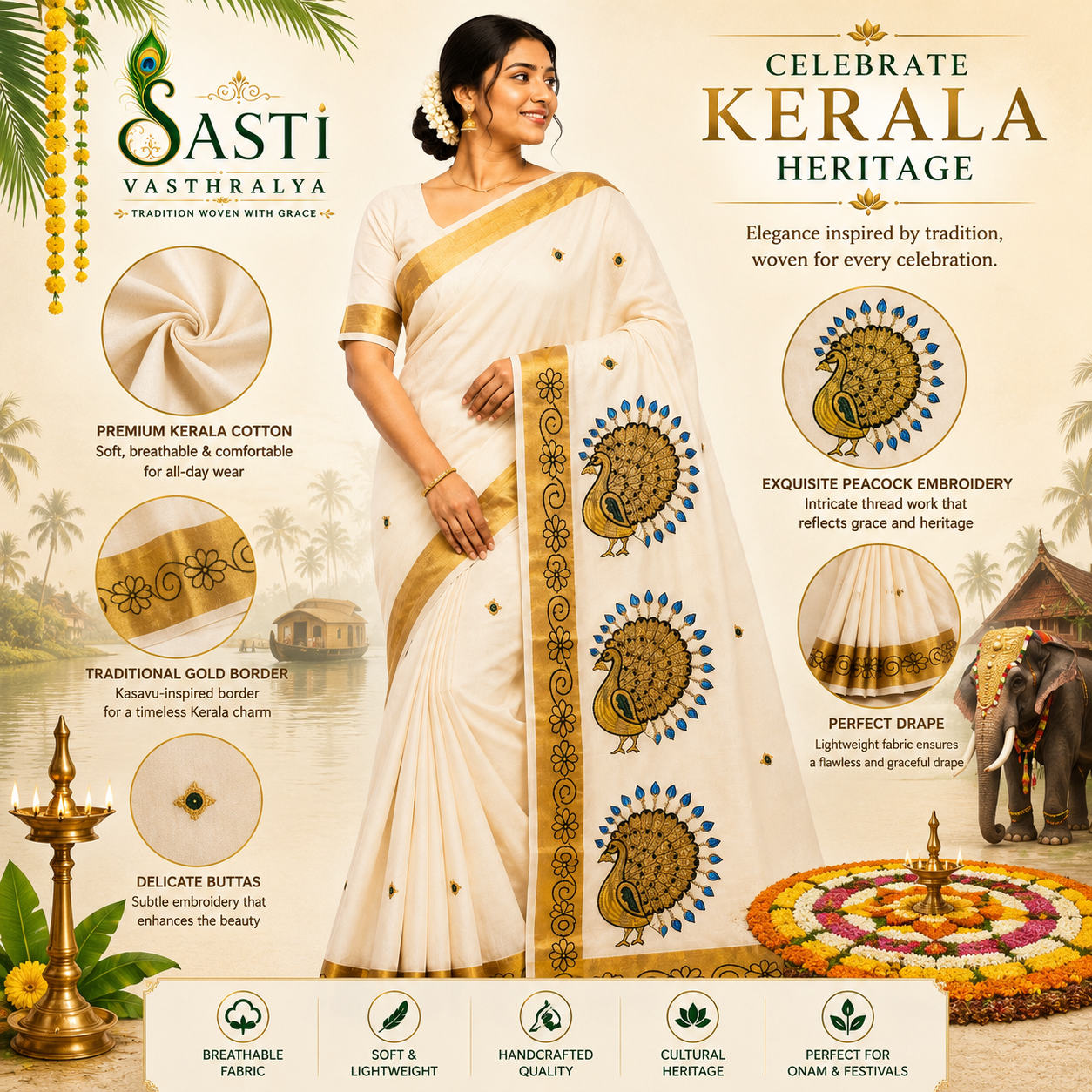 Sasti Vasthralya Off-White Kerala Kasavu Saree with Royal Blue and Gold Full Feathered Peacock Plume Woven Pallu for Onam