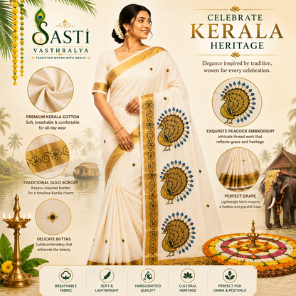 Sasti Vasthralya Off-White Kerala Kasavu Saree with Royal Blue and Gold Full Feathered Peacock Plume Woven Pallu for Onam