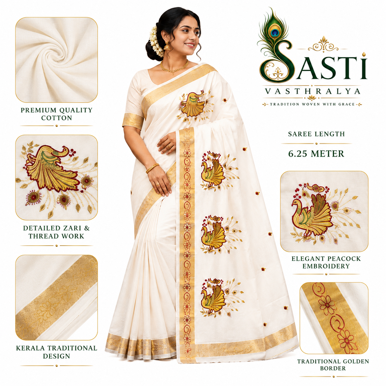 Sasti Vasthralya Off-White Kerala Kasavu Saree with Mustard Gold and Maroon Peacock Shoulder and Pallu Embroidery for Onam