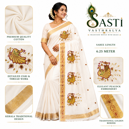 Sasti Vasthralya Off-White Kerala Kasavu Saree with Mustard Gold and Maroon Peacock Shoulder and Pallu Embroidery for Onam