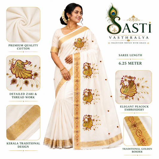 Sasti Vasthralya Off-White Kerala Kasavu Saree with Mustard Gold and Maroon Peacock Shoulder and Pallu Embroidery for Onam