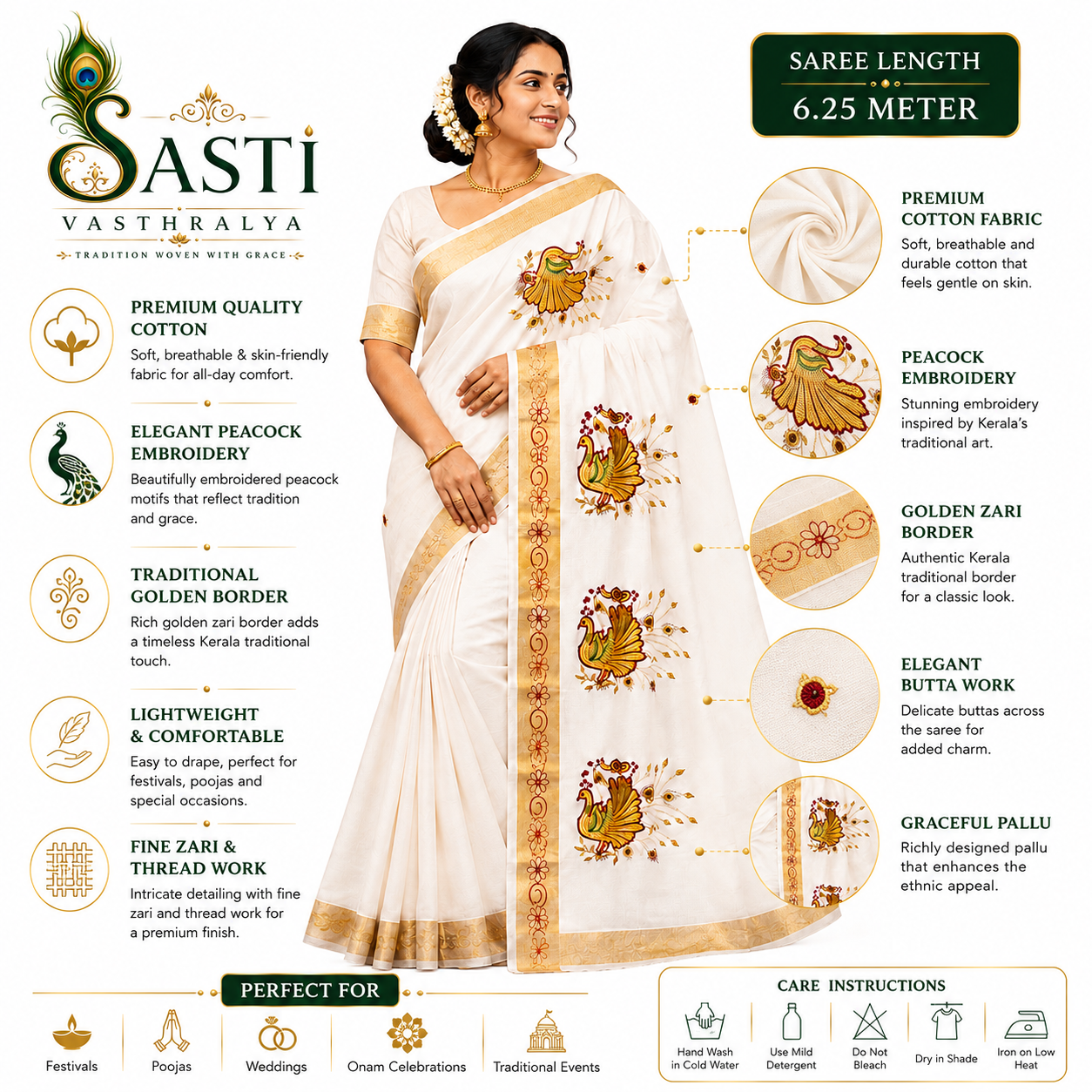 Sasti Vasthralya Off-White Kerala Kasavu Saree with Mustard Gold and Maroon Peacock Shoulder and Pallu Embroidery for Onam