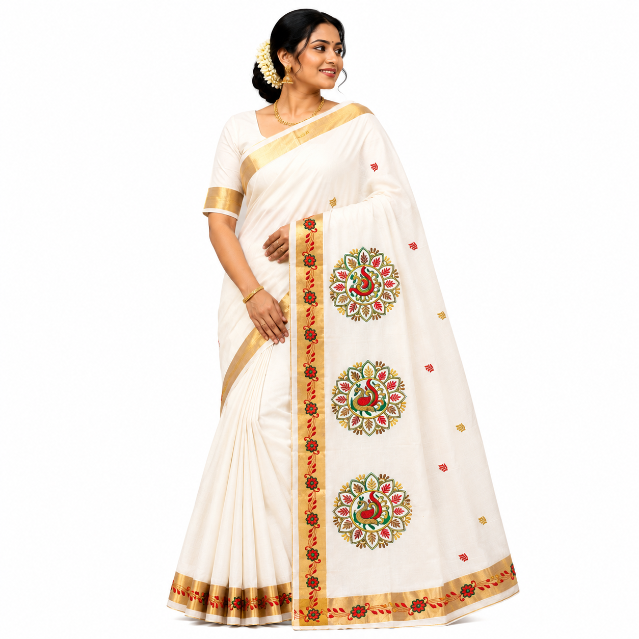 Sasti Vasthralya Traditional Kerala Kasavu Saree with Red and Green Temple Mural Circle Artwork