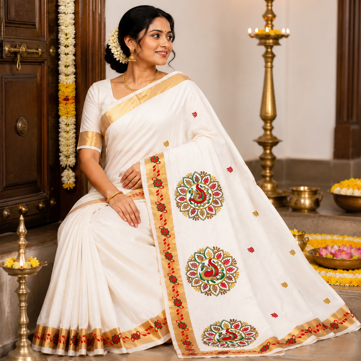 Sasti Vasthralya Traditional Kerala Kasavu Saree with Red and Green Temple Mural Circle Artwork