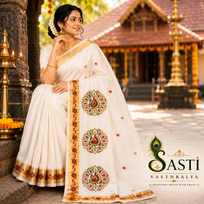 Sasti Vasthralya Traditional Kerala Kasavu Saree with Red and Green Temple Mural Circle Artwork