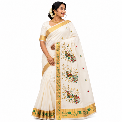 Sasti Vasthralya Premium Off-White Kerala Kasavu Saree with Detailed Multi-Colour Peacock Embroidery for Onam