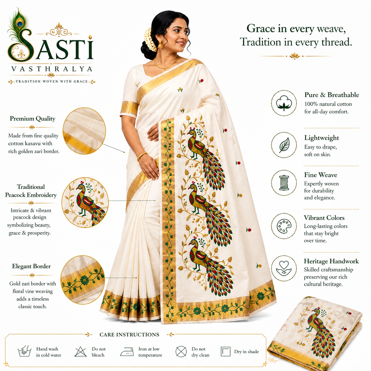 Sasti Vasthralya Premium Off-White Kerala Kasavu Saree with Detailed Multi-Colour Peacock Embroidery for Onam