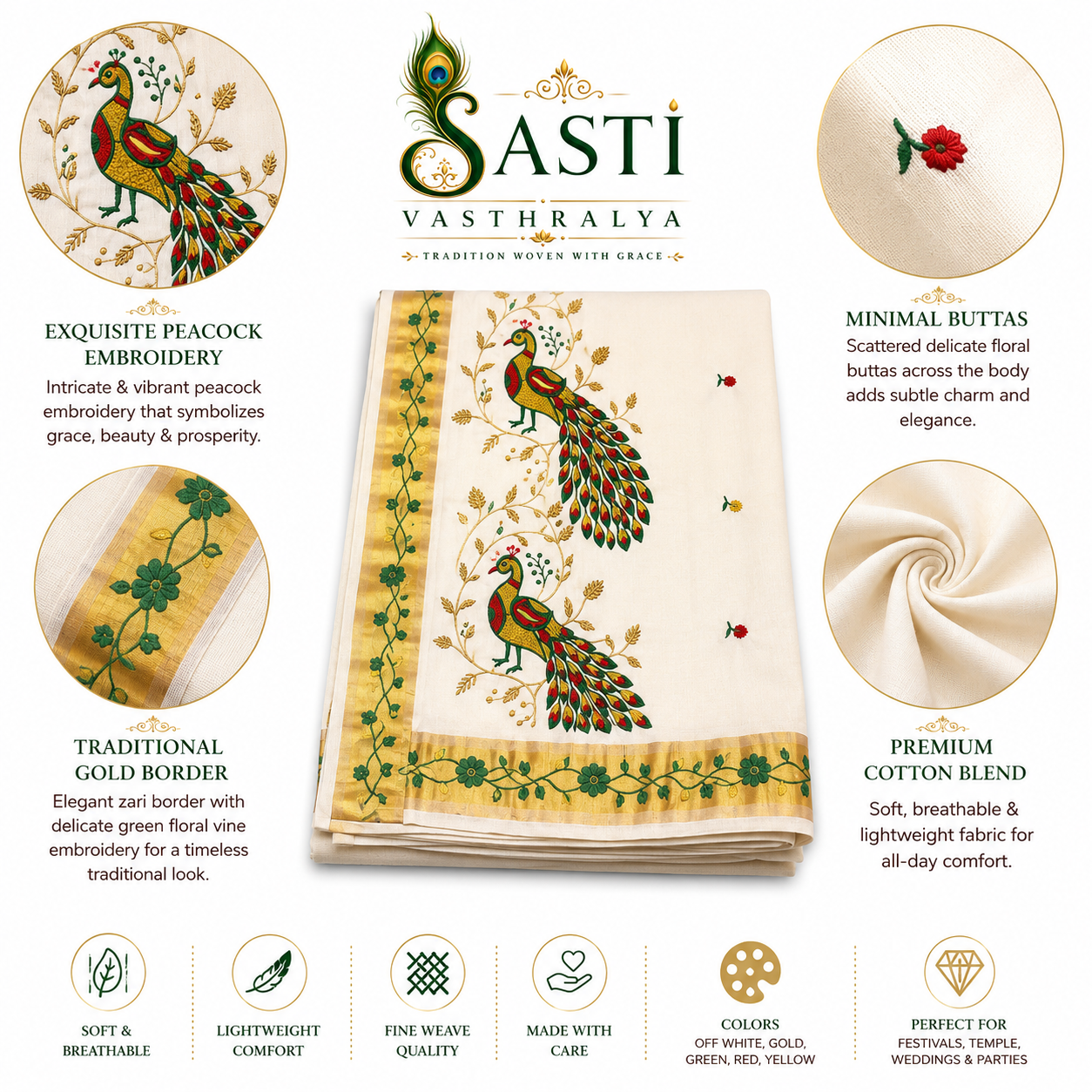Sasti Vasthralya Premium Off-White Kerala Kasavu Saree with Detailed Multi-Colour Peacock Embroidery for Onam