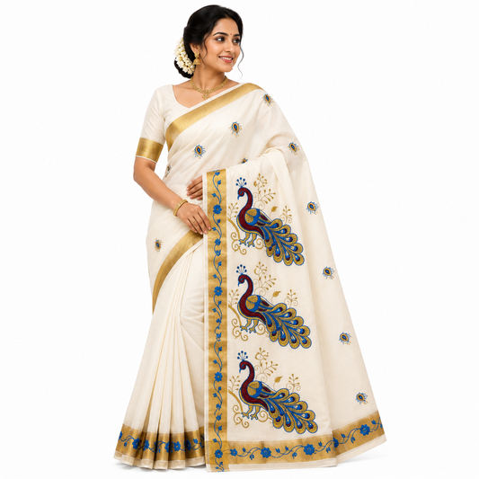 Sasti Vasthralya Premium Off-White Kerala Kasavu Saree with Rich Royal Blue Peacock Placement Embroidery and Borders for Onam