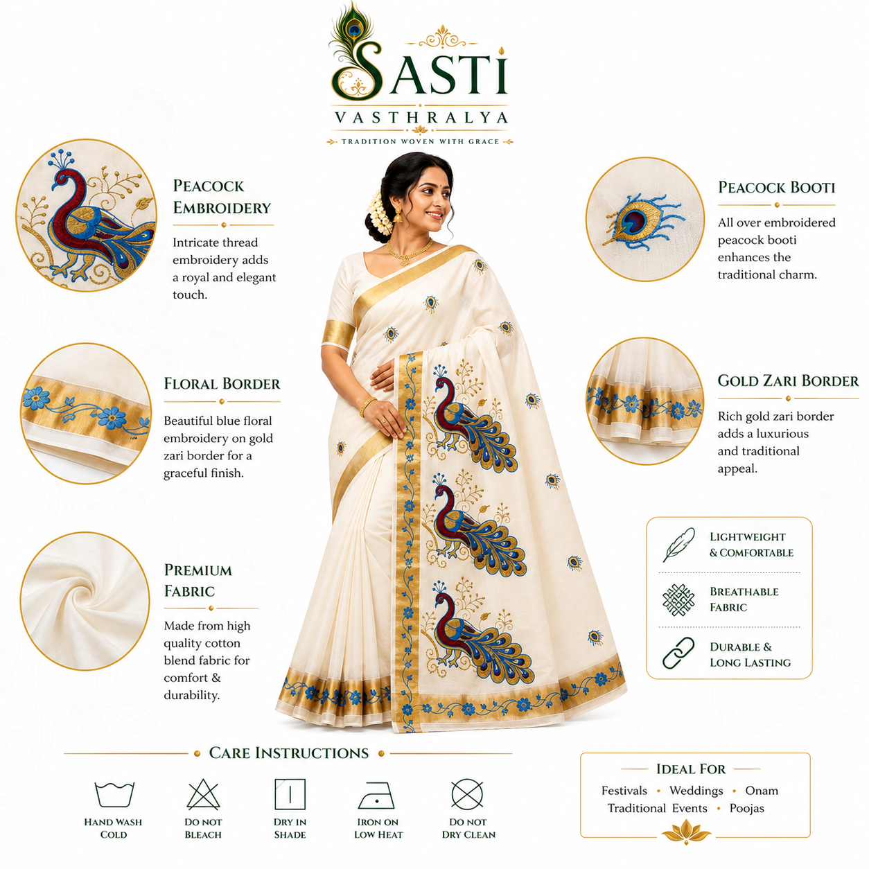 Sasti Vasthralya Premium Off-White Kerala Kasavu Saree with Rich Royal Blue Peacock Placement Embroidery and Borders for Onam