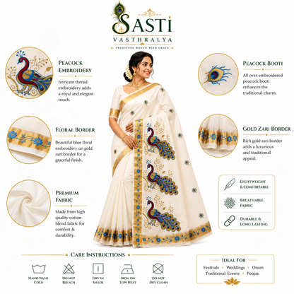 Sasti Vasthralya Premium Off-White Kerala Kasavu Saree with Rich Royal Blue Peacock Placement Embroidery and Borders for Onam